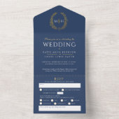 ウェディング ブルー ホワイト ゴールド オーバル 葉のモノグラム 全て オールインワン招待状 (内側)