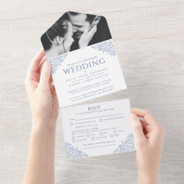 ウェディング ブルー ホワイト 葉の写真 料理 RSVP オールインワン招待状