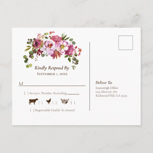 ウェディング マジェンタ ピンク コーラル フラワーズ RSVP インビテーションポストカード (裏面)