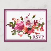 ウェディング マジェンタ ピンク コーラル フラワーズ RSVP インビテーションポストカード (正面)