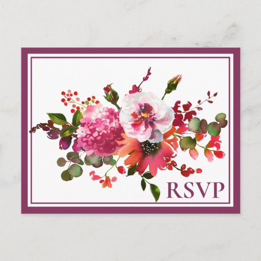 ウェディング マジェンタ ピンク コーラル フラワーズ RSVP インビテーションポストカード (正面)