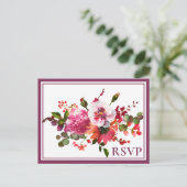 ウェディング マジェンタ ピンク コーラル フラワーズ RSVP インビテーションポストカード (スタンド正面)
