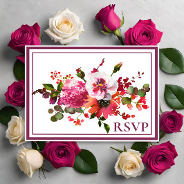 ウェディング マジェンタ ピンク コーラル フラワー RSVP インビテーションポストカード