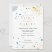 ウェディング モダン ブルーとゴールドの水彩スプラッター 招待状 (正面)