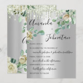 ウェディング モノグラム ドリップス フローラル ミントグリーン シルバー 招待状 (正面/裏面)