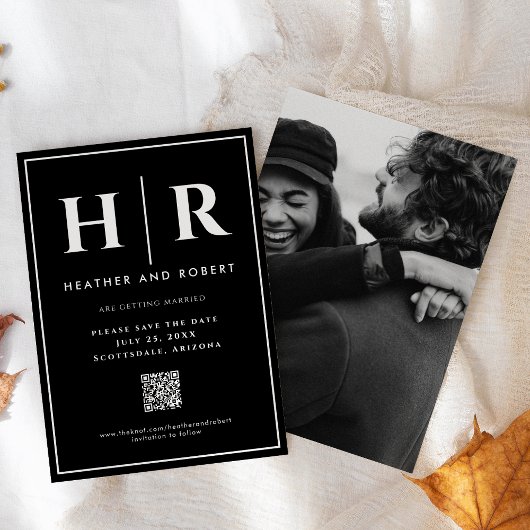 ウェディング モノグラム ブラック シック シンプル モダン QR コード セーブザデート