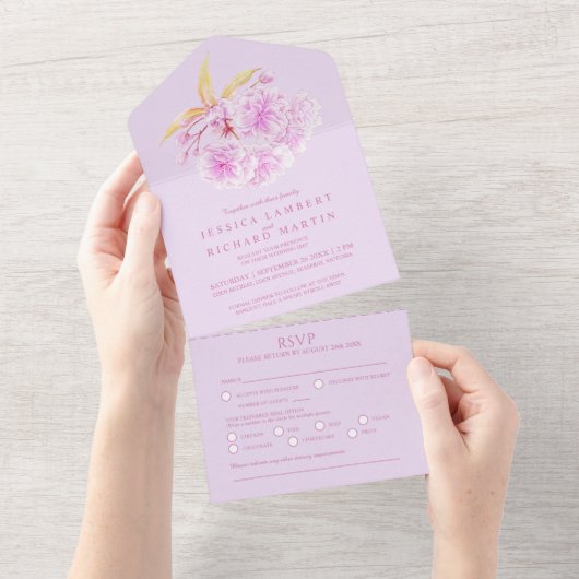 ウェディング ライラックの花 水彩写真 ご飯 RSVP オールインワン招待状 (貼ってはがせる)