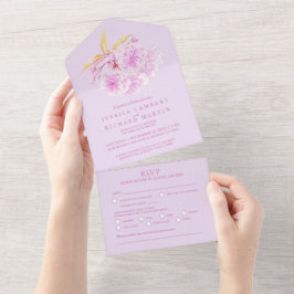 ウェディング ライラックの花 水彩写真 ご飯 RSVP オールインワン招待状