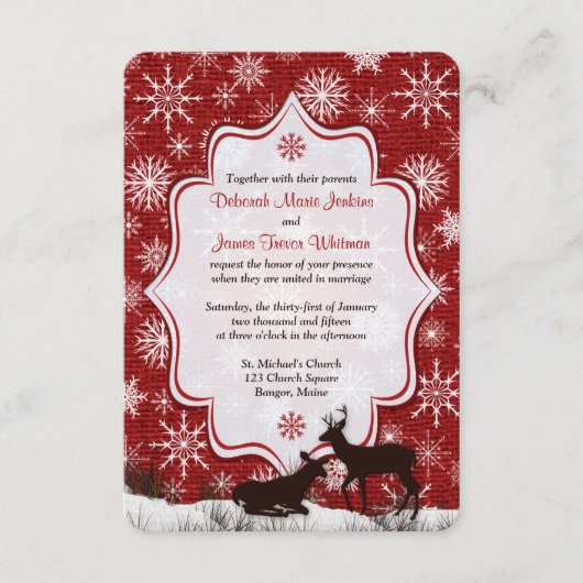 ウェディング | ラスティック レッド バルーン | 雪の結晶 | 鹿 出欠カード (正面)
