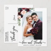 ウェディング ラブ アンド サンクス バーガンディ ブルー フローラル ポストカード (正面/裏面)