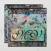 ウェディング ラブ バード モノグラム ブラック アクアブルー フローラル 招待状 (正面/裏面)