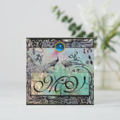 ウェディング ラブ バード モノグラム ブラック アクアブルー フローラル 招待状 (スタンド正面)