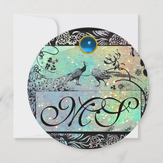 ウェディング ラブ バード モノグラム 黒 緑 シャンパン 招待状 (正面)