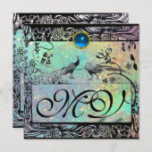 ウェディング ラブ バード モノグラム 黒 緑 青 案内状 (正面/裏面)