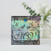 ウェディング ラブ バード モノグラム 黒 緑 青 案内状 (スタンド正面)