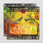 ウェディング ラブ バード モノグラム 黒 黄色 ピンク ルビー 案内状 (正面/裏面)