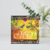 ウェディング ラブ バード モノグラム 黒 黄色 ピンク ルビー 案内状 (スタンド正面)