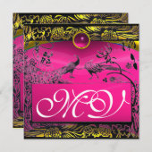 ウェディング ラブ バード モノグラム 黒 黄色 ピンク ルビー 案内状 (正面/裏面)