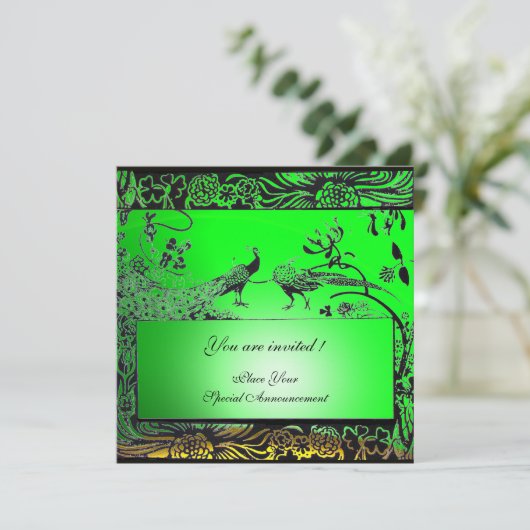 ウェディング ラブ バード , 黒 黄色 緑 エメラルド 招待状 (スタンド正面)