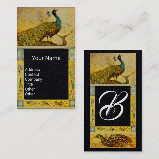 ウェディング ラブ 孔雀 モノグラム 黄色 黒 紙 名刺 (正面/裏面)