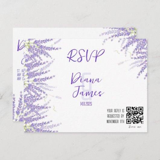 ウェディング ラベンダー スタイルの出欠確認カード ポストカード (正面/裏面)