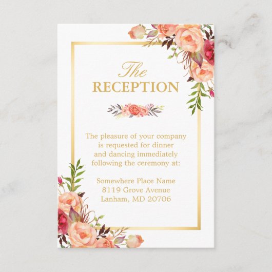 ウェディング レセプション ラスティック ゴールド オレンジ フローラル シック エンクロージャーカード (正面)