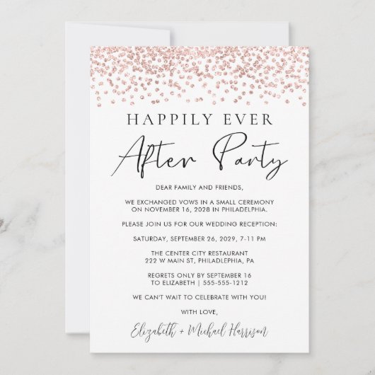 ウェディング レセプション ローズゴールド グリッター フォト 案内状 (正面)