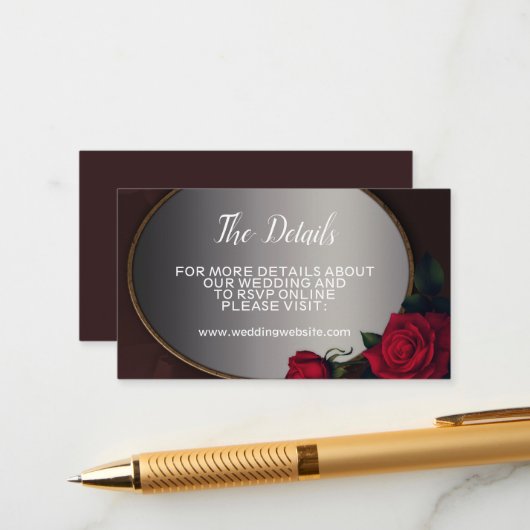 ウェディング レッド ブラッシュ フローラル シルバー グレー ミラー ディテール エンクロージャーカード (正面/裏面インサイチュ)