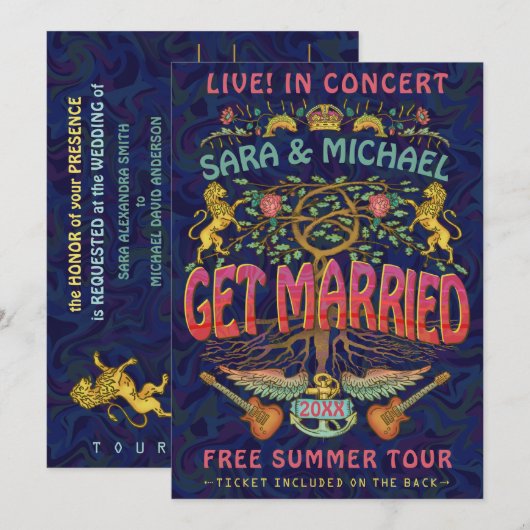 ウェディング・レトロ70sバンド・コンサート・チケット・テーマ 招待状 (正面/裏面)