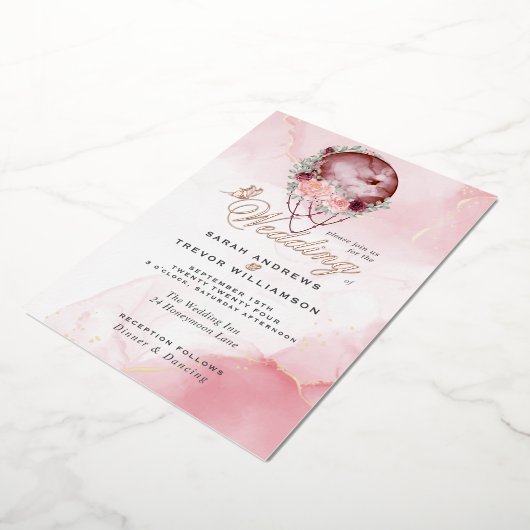 ウェディング | ロマンチックなピンクのムーンマンデラ 箔招待状 (回転した状態)