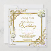 ウェディング ヴィンテージ ホワイト シャンパン ゴールド パール フォト 招待状 (正面)