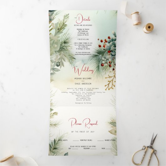 ウェディング |冬の水彩緑 三つ折り招待状 (内部)