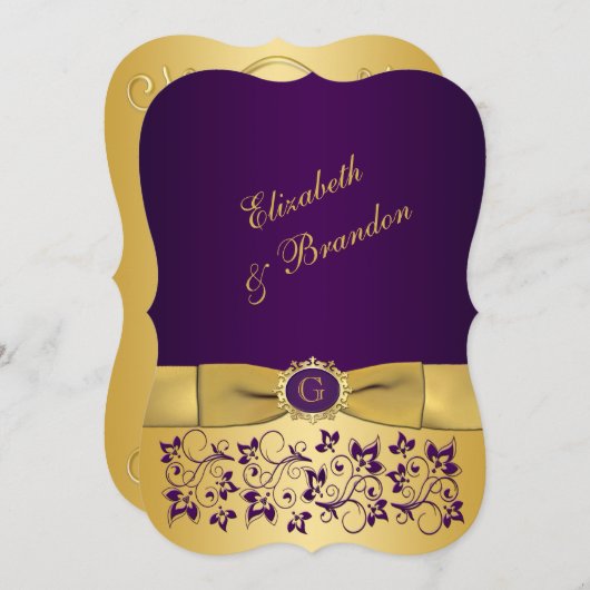 ウェディング |印刷された弓 |紫と金ゴールド |フローラ 招待状 (正面/裏面)