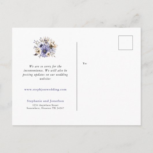 ウェディング 同じ愛 新しい計画 日付 紫の花 案内ポストカード (裏面)