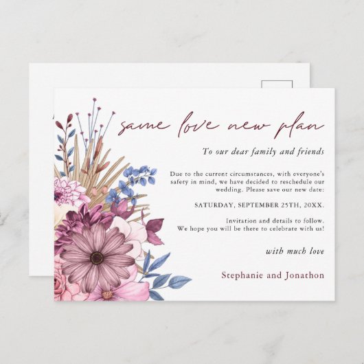 ウェディング 変更 日程 同じ愛 新しい計画 花 案内ポストカード (正面/裏面)