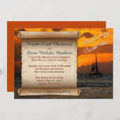 ウェディング |我々遠くにと一緒に航海しよう! |帆船 |日の入 招待状 (正面/裏面)