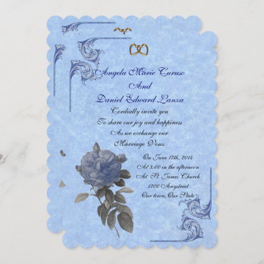 ウェディング 招待状 ヴィンテージ 青いバラ 招待状 (正面/裏面)