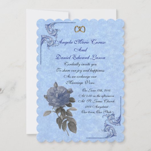 ウェディング 招待状 ヴィンテージ 青いバラ 招待状 (正面)