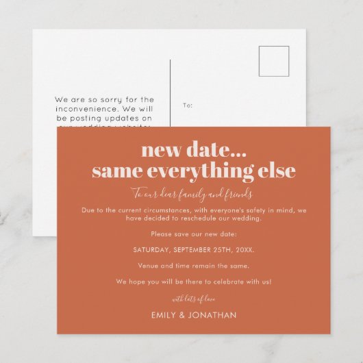 ウェディング 新しい日付 ほかはそのまま テラコッタ 案内ポストカード (正面/裏面)