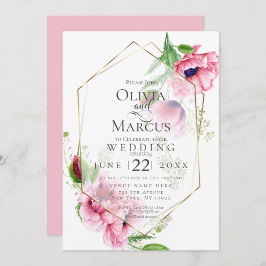 ウェディング | 春ピンクポピーフローラ 招待状 (正面/裏面)