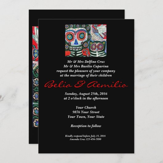 ウェディング - 死者の日 - メキシコの女性と猫 招待状 (正面/裏面)