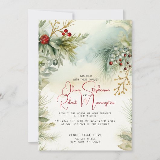 ウェディング |水彩パインミスタントーとベリー 招待状 (正面)