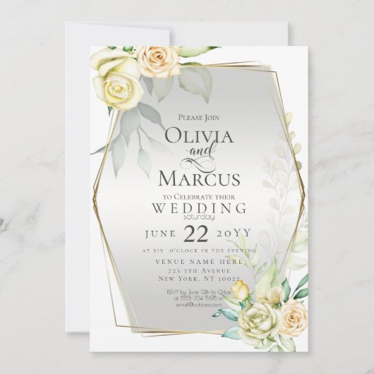ウェディング | 水彩画のアイボリーイエローとソフトなバラの色 招待状 (正面)