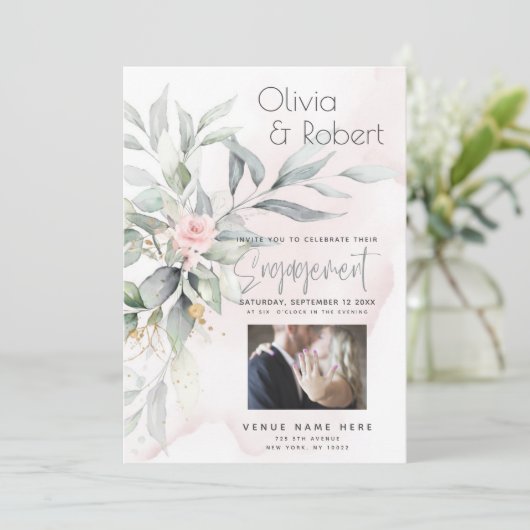 ウェディング | 水彩画のユーカリの葉とピンクのバラ 招待状 (スタンド正面)