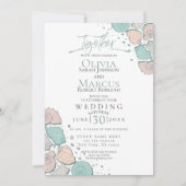 ウェディング | 現代の貝殻 コーラル ティール グリーン 招待状 (正面)