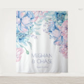 ウェディング | 空色とバブルガムピンクの芍薬 タペストリー (正面)