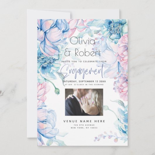 ウェディング | 空色とバブルガムピンクの芍薬 招待状 (正面)