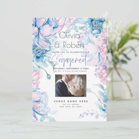 ウェディング | 空色とバブルガムピンクの芍薬 招待状 (スタンド正面)