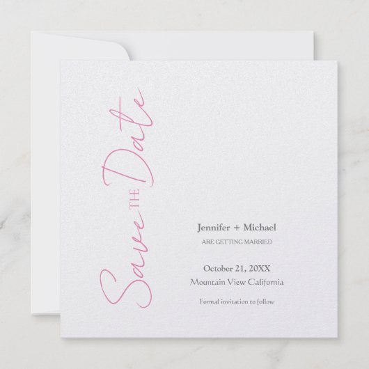 ウェディング 結婚 ミニマリスト カリグラフィー ピンク ホワイト セーブザデート (正面)
