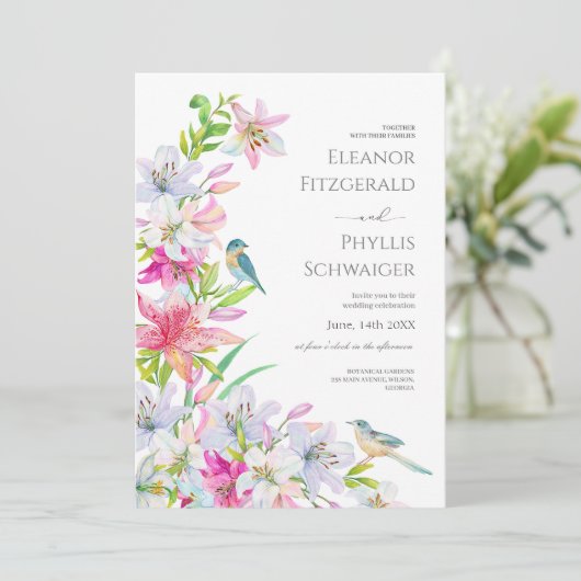 ウェディング.花ユリと鳥の招待状 招待状 (スタンド正面)